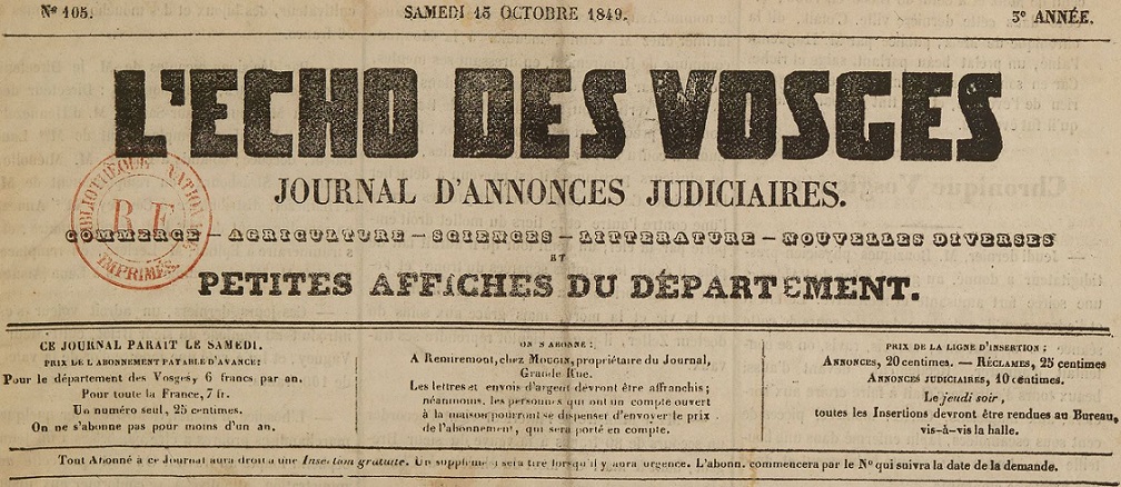 Photo (BnF / Gallica) de : L'Écho des Vosges. Remiremont, 1847-[1870 ?]. ISSN 2126-5534.