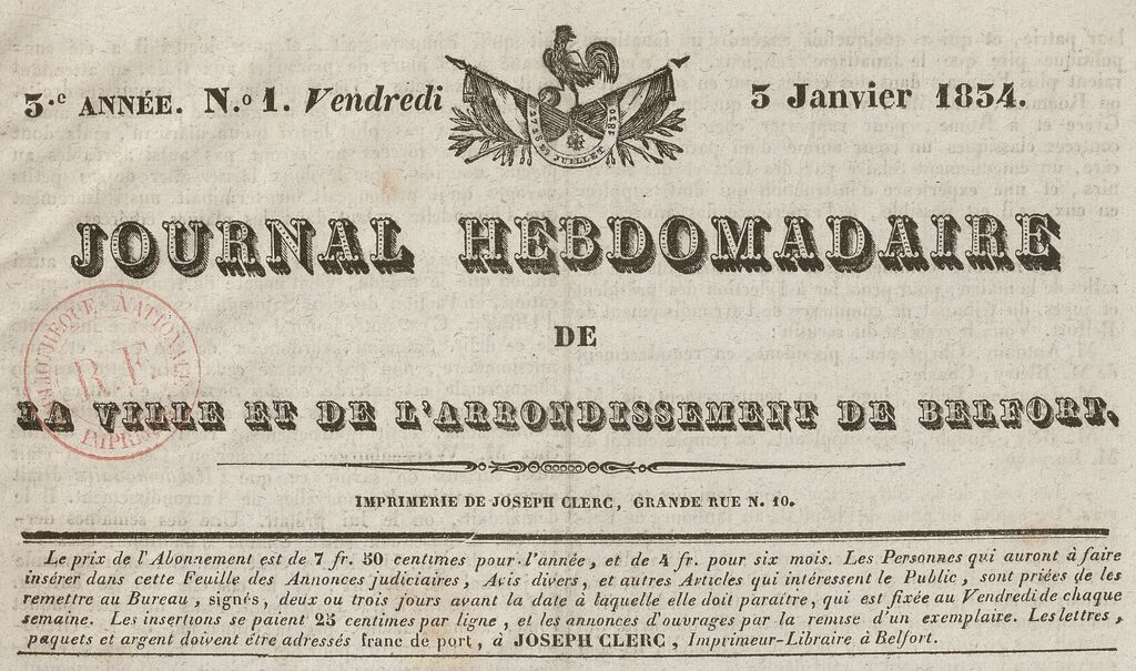 Photo (BnF / Gallica) de : Journal hebdomadaire de la ville et de l'arrondissement de Belfort. Belfort : J. Clerc, 1831-1848. ISSN 2130-9531.