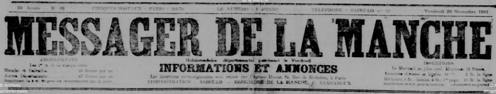 Photo (Manche. Archives départementales) de : Le Messager de la Manche. Saint-Lô, 1852-1944. ISSN 2132-1078.